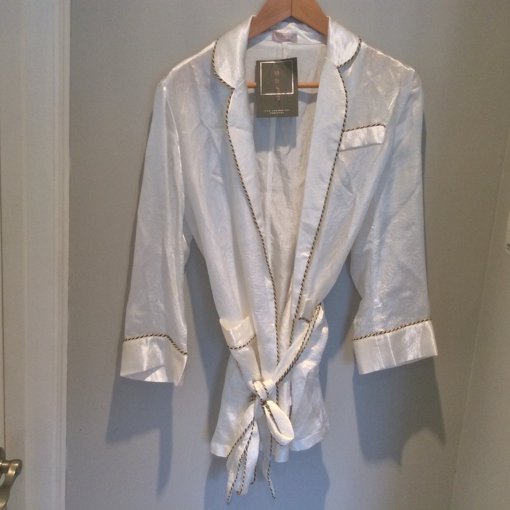 White Satin Robe Jacket with Gold-Trim Accent